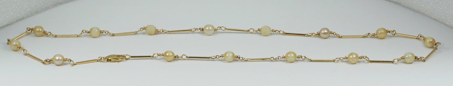 Vintage Solid 9ct Yellow Gold & 6mm Pearl Bar Link 48cm 19" Chain Necklace 10gm