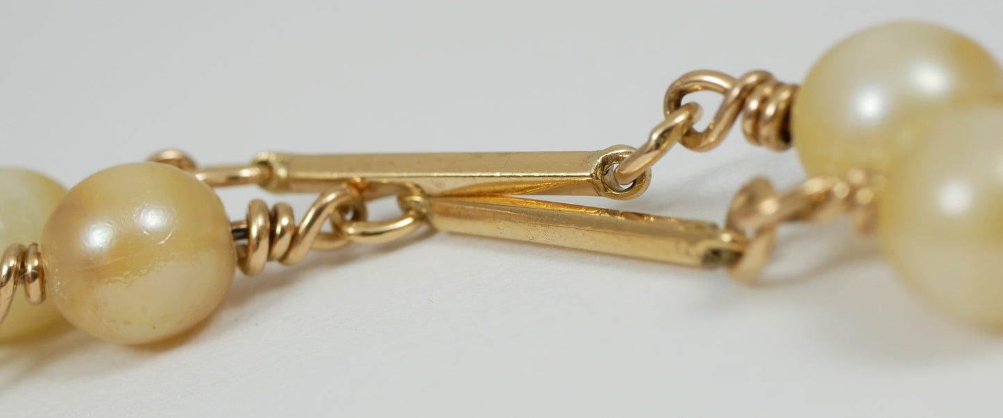 Vintage Solid 9ct Yellow Gold & 6mm Pearl Bar Link 48cm 19" Chain Necklace 10gm