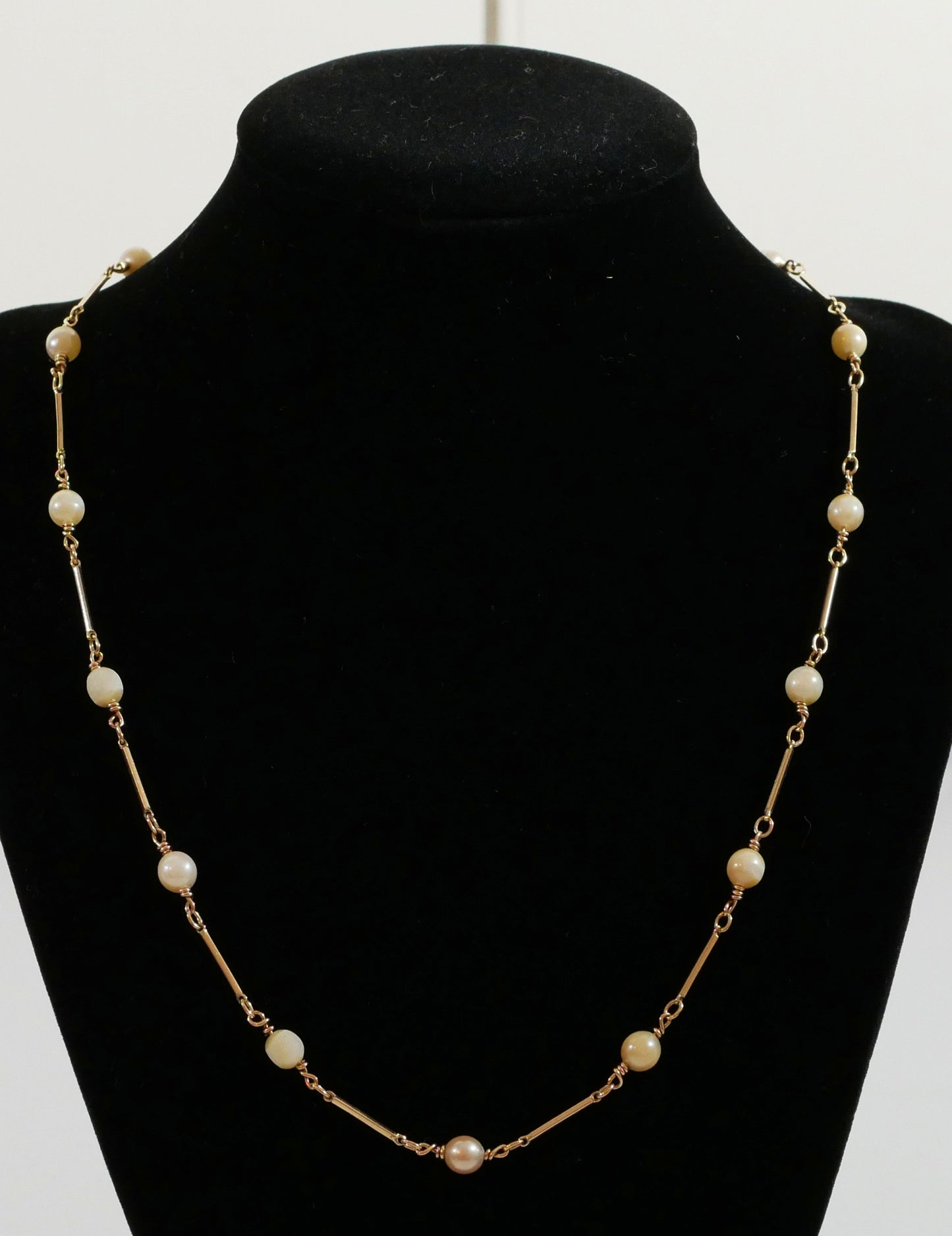 Vintage Solid 9ct Yellow Gold & 6mm Pearl Bar Link 48cm 19" Chain Necklace 10gm