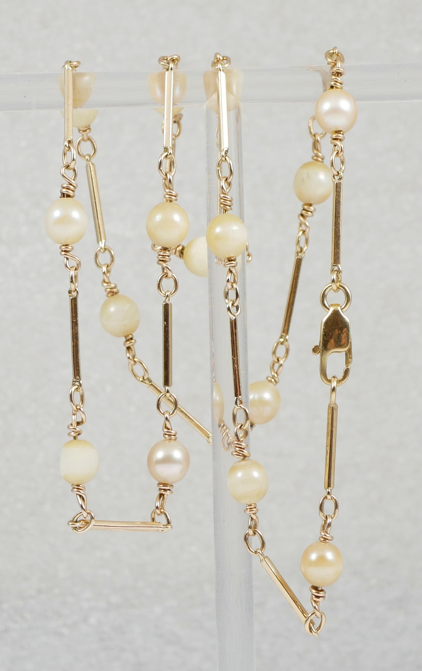 Vintage Solid 9ct Yellow Gold & 6mm Pearl Bar Link 48cm 19" Chain Necklace 10gm