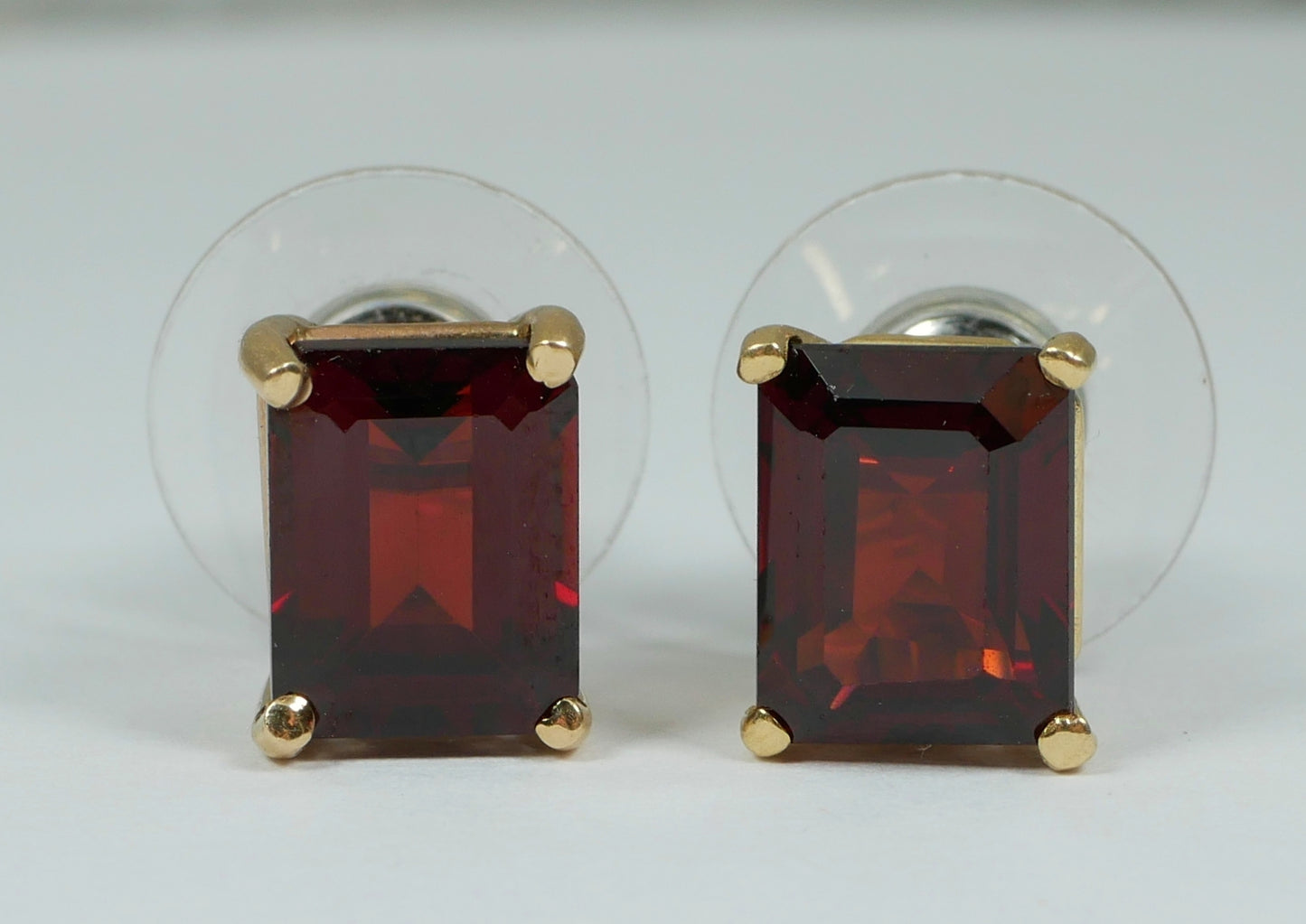 Pair of Solid 9ct Yellow Gold 3ct Emerald Cut Deep Red Garnet Stud Earrings Set