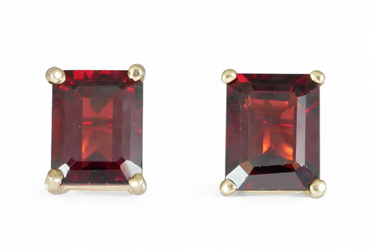 Pair of Solid 9ct Yellow Gold 3ct Emerald Cut Deep Red Garnet Stud Earrings Set