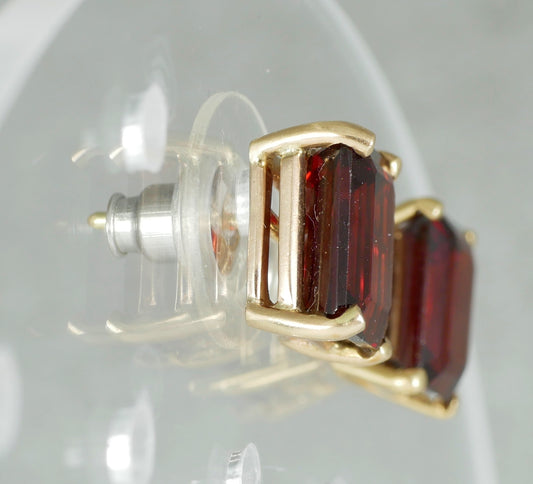 Pair of Solid 9ct Yellow Gold 3ct Emerald Cut Deep Red Garnet Stud Earrings Set