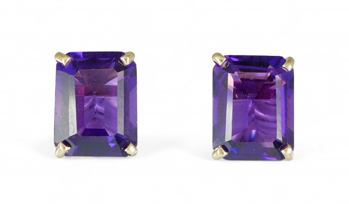 Pair of Solid 14ct Yellow Gold 2ct Emerald Cut Amethyst Stud Earrings Set 585