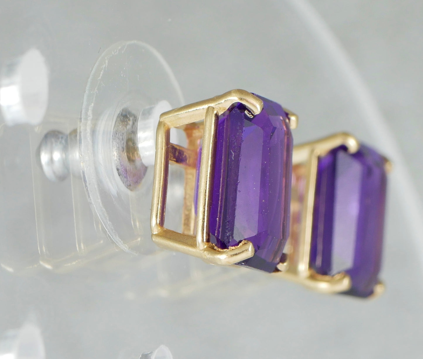 Pair of Solid 14ct Yellow Gold 2ct Emerald Cut Amethyst Stud Earrings Set 585
