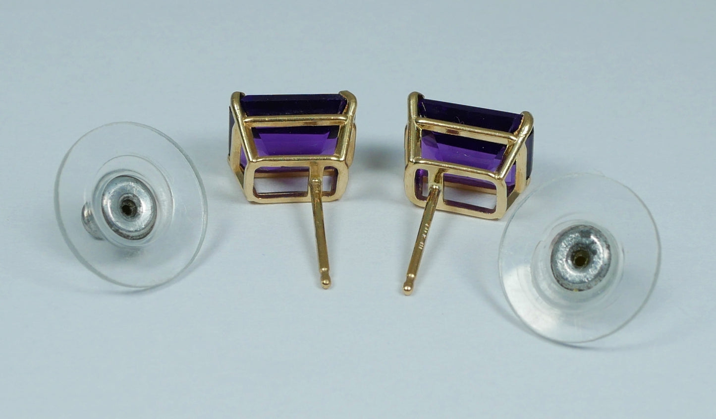 Pair of Solid 14ct Yellow Gold 2ct Emerald Cut Amethyst Stud Earrings Set 585