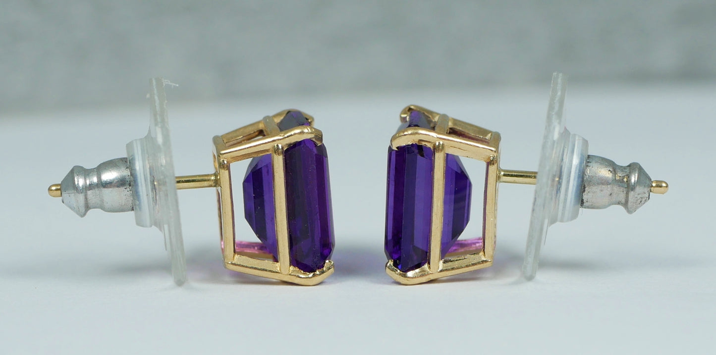 Pair of Solid 14ct Yellow Gold 2ct Emerald Cut Amethyst Stud Earrings Set 585