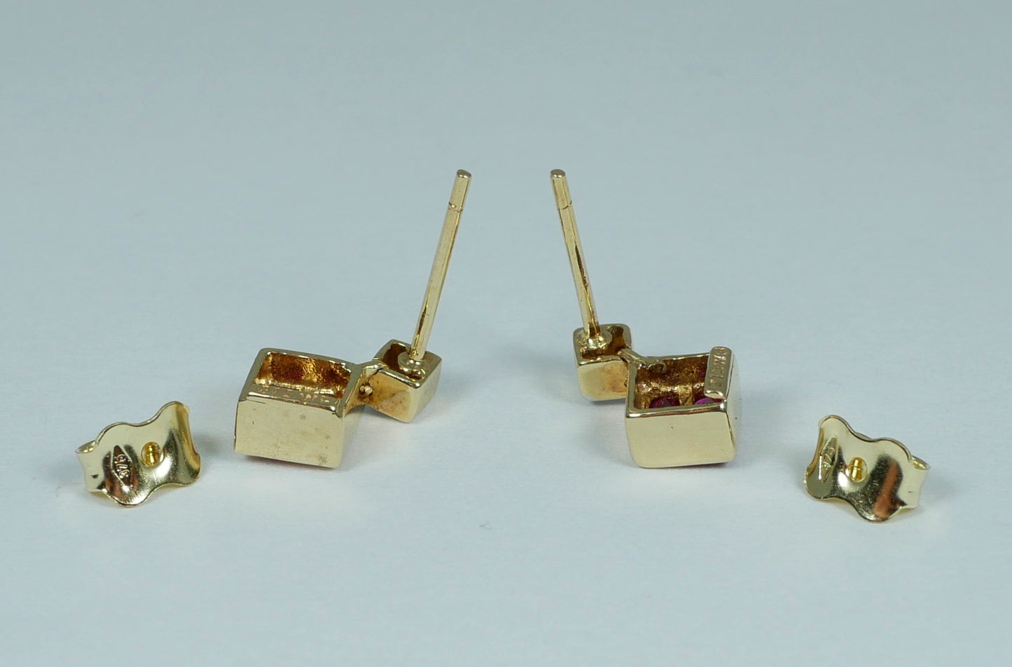 Pair of Solid 9ct Yellow Gold Ruby Cluster & Diamond Stud Dangle Earrings Set