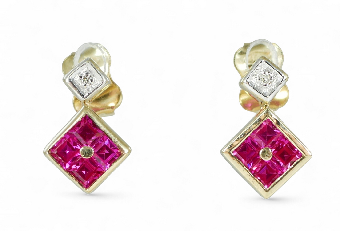Pair of Solid 9ct Yellow Gold Ruby Cluster & Diamond Stud Dangle Earrings Set