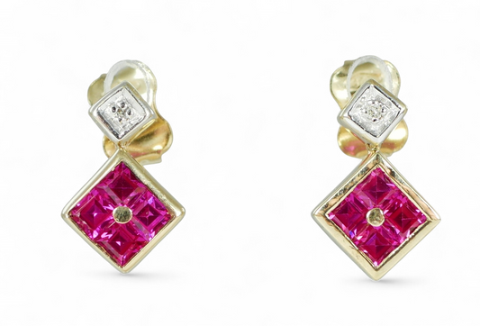 Pair of Solid 9ct Yellow Gold Ruby Cluster & Diamond Stud Dangle Earrings Set