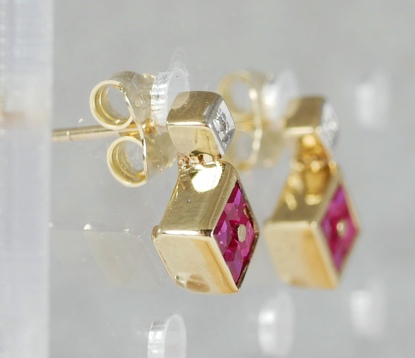 Pair of Solid 9ct Yellow Gold Ruby Cluster & Diamond Stud Dangle Earrings Set
