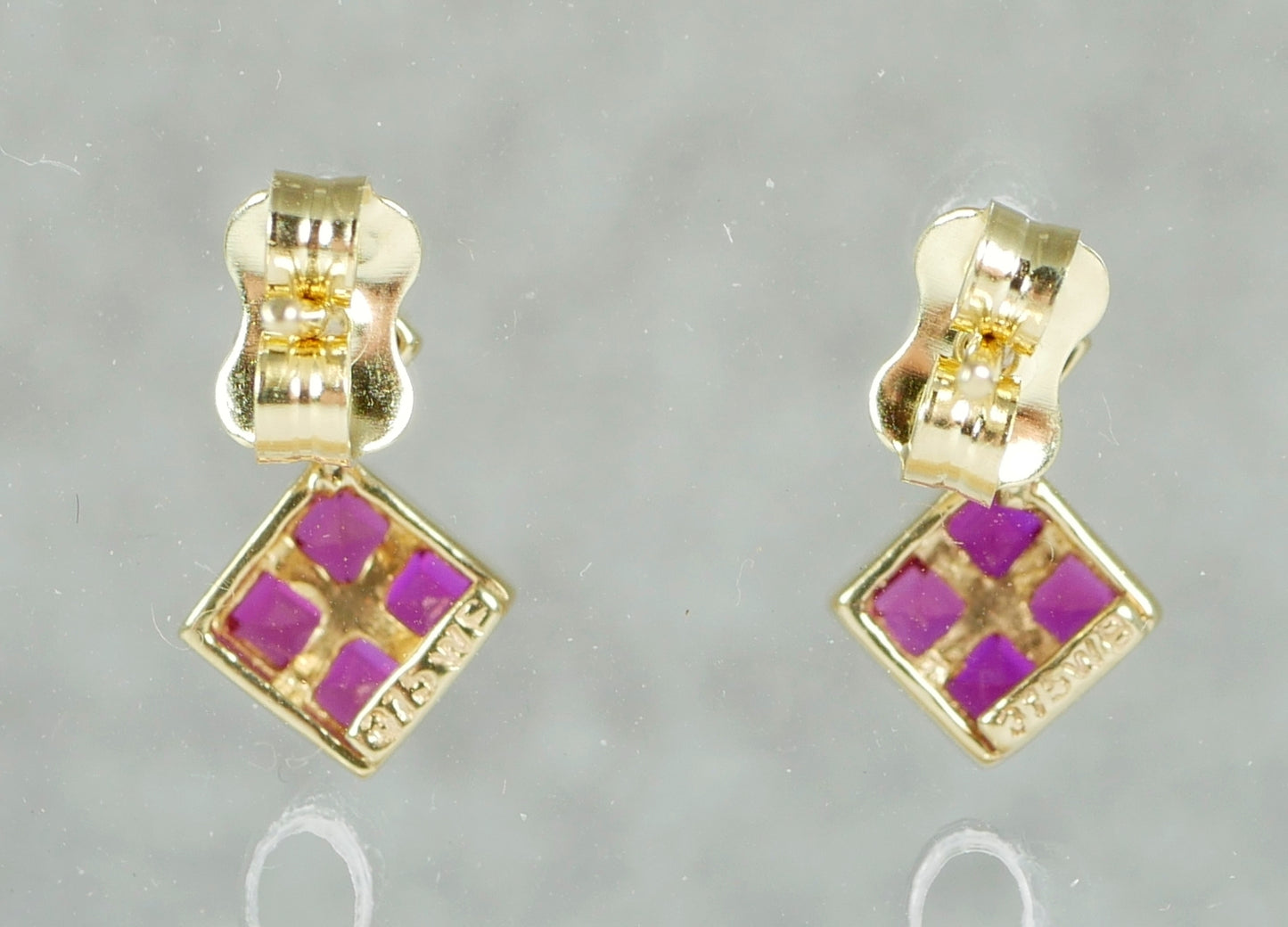 Pair of Solid 9ct Yellow Gold Ruby Cluster & Diamond Stud Dangle Earrings Set