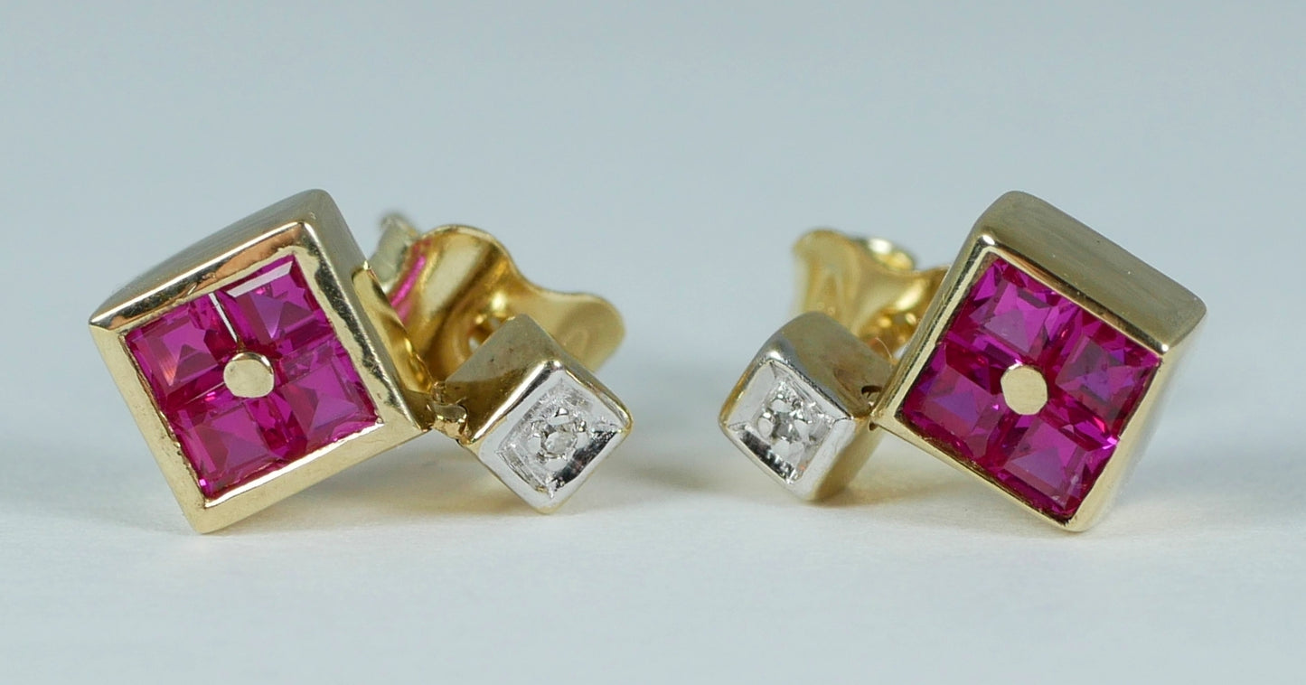 Pair of Solid 9ct Yellow Gold Ruby Cluster & Diamond Stud Dangle Earrings Set