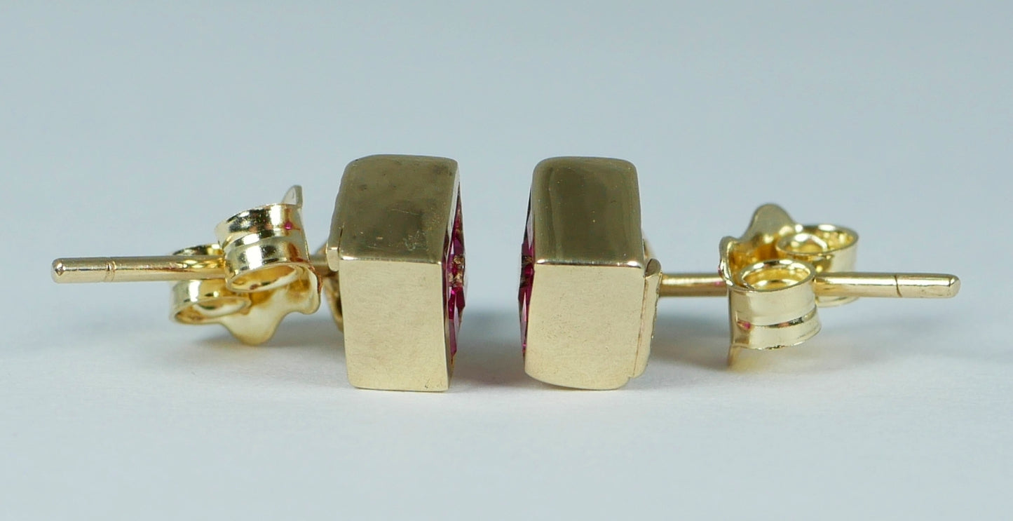 Pair of Solid 9ct Yellow Gold Ruby Cluster & Diamond Stud Dangle Earrings Set