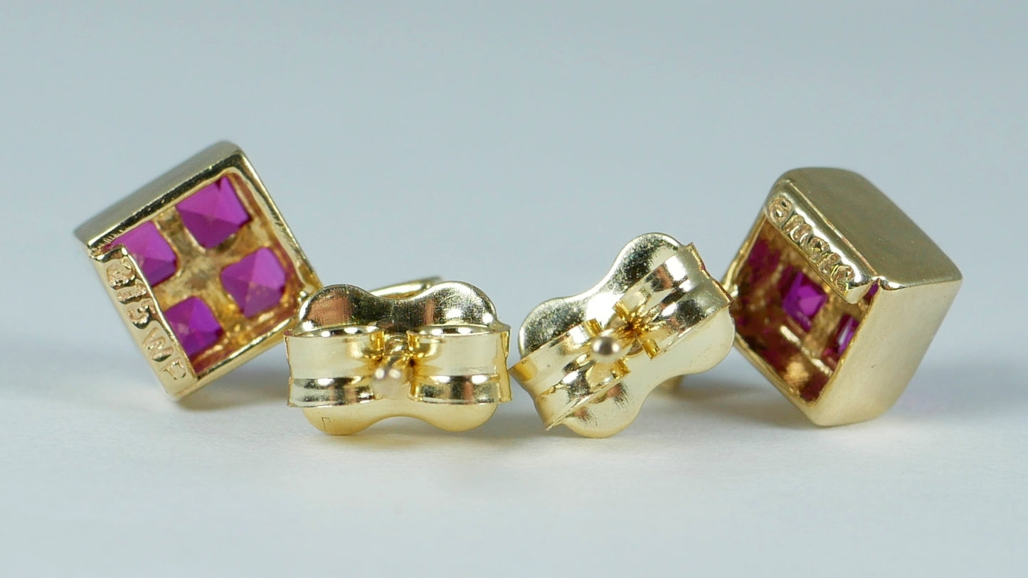 Pair of Solid 9ct Yellow Gold Ruby Cluster & Diamond Stud Dangle Earrings Set