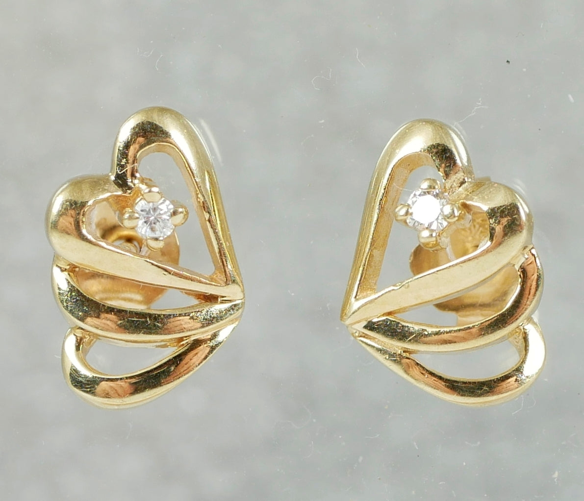 Pair of Solid 9ct Yellow Gold Shadow Love Heart & Diamond Stud Earrings Set 375