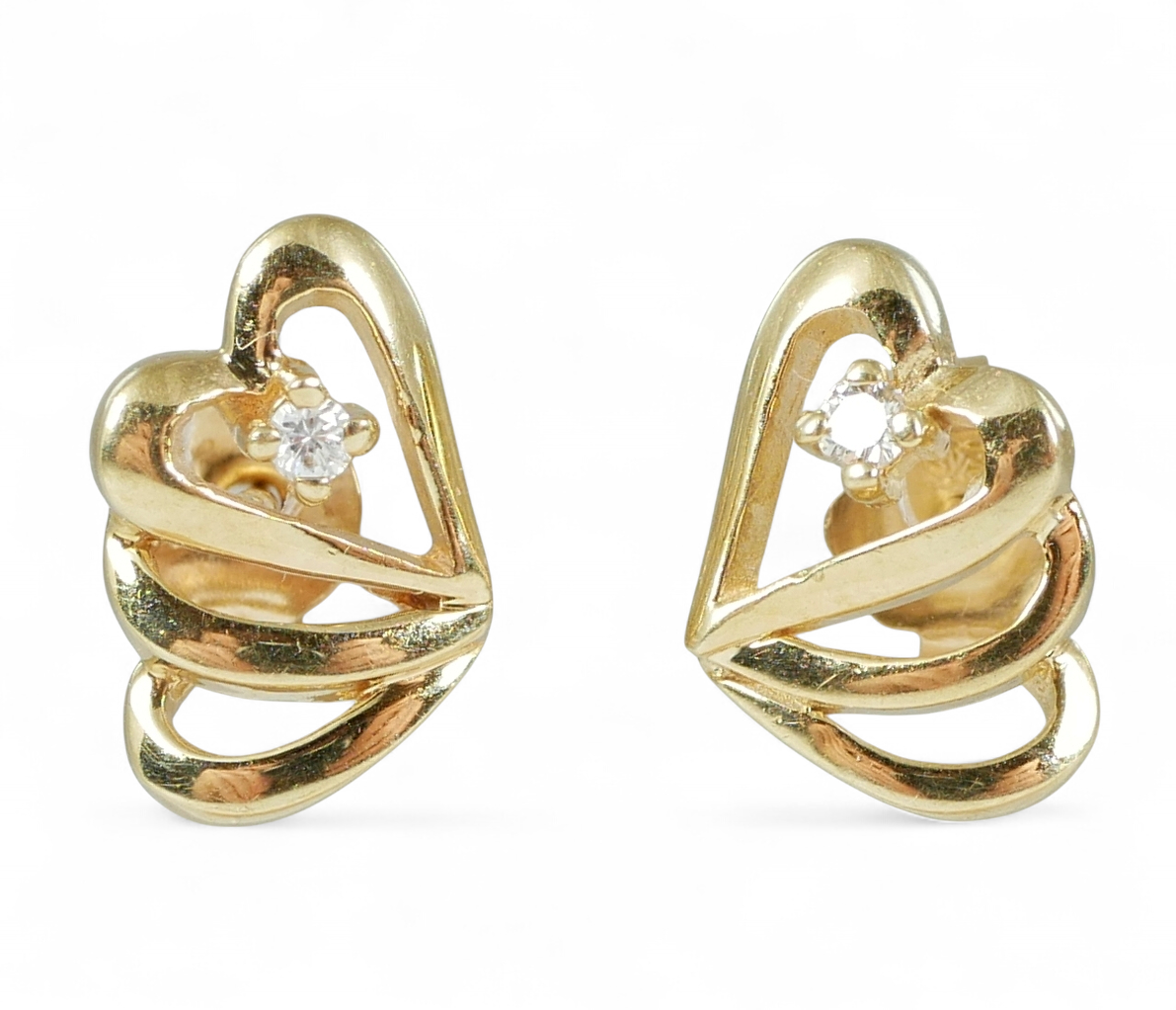 Pair of Solid 9ct Yellow Gold Shadow Love Heart & Diamond Stud Earrings Set 375