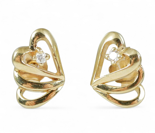 Pair of Solid 9ct Yellow Gold Shadow Love Heart & Diamond Stud Earrings Set 375