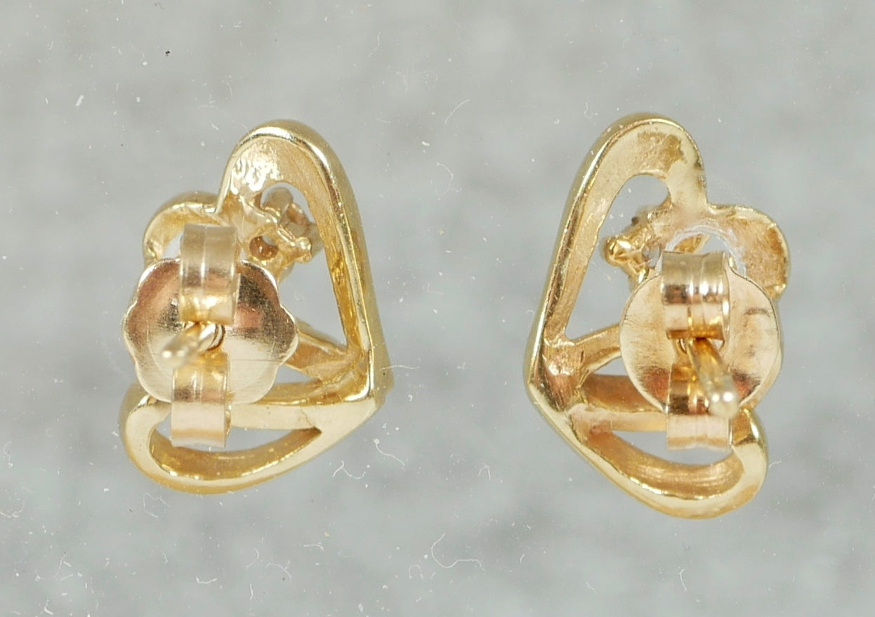 Pair of Solid 9ct Yellow Gold Shadow Love Heart & Diamond Stud Earrings Set 375
