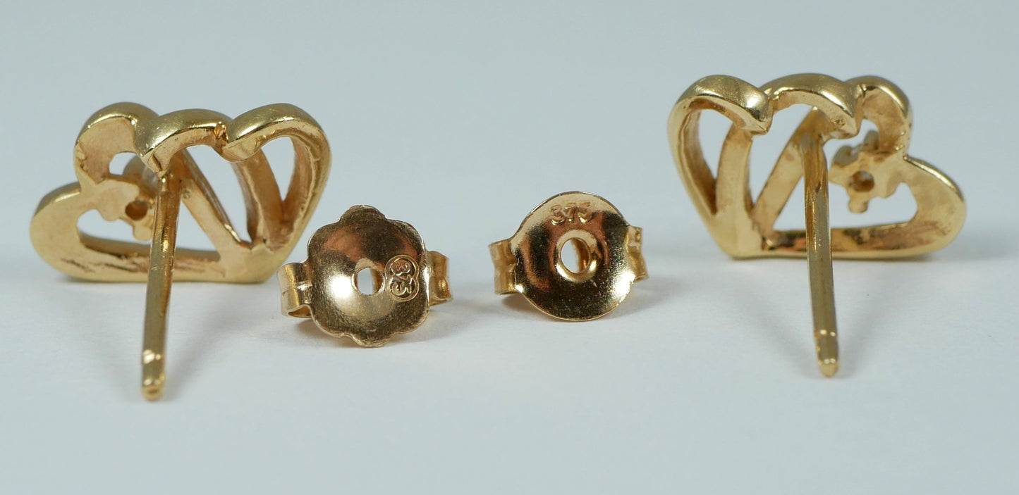 Pair of Solid 9ct Yellow Gold Shadow Love Heart & Diamond Stud Earrings Set 375