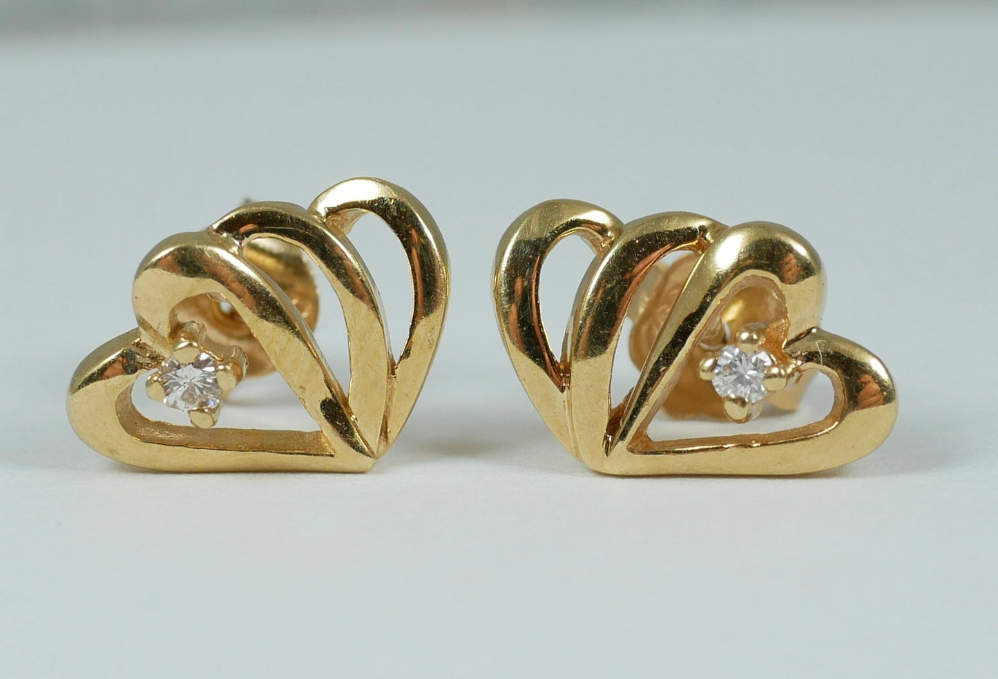 Pair of Solid 9ct Yellow Gold Shadow Love Heart & Diamond Stud Earrings Set 375