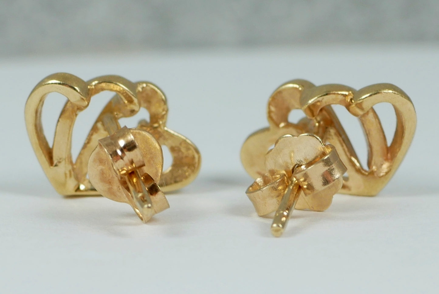 Pair of Solid 9ct Yellow Gold Shadow Love Heart & Diamond Stud Earrings Set 375