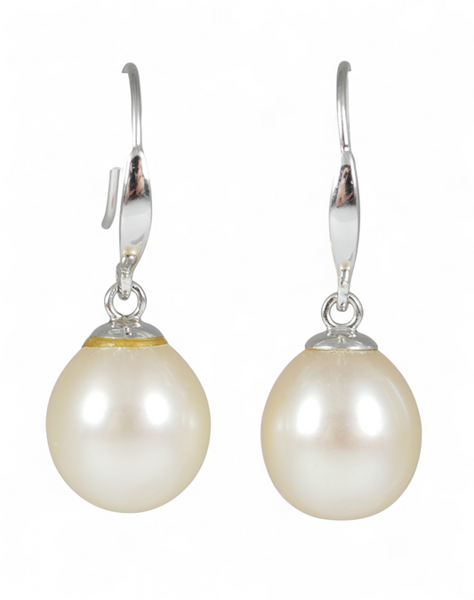 Pair of Solid 14ct White Gold Oval Natural Pearl Shepherds Hook Earrings Set 585