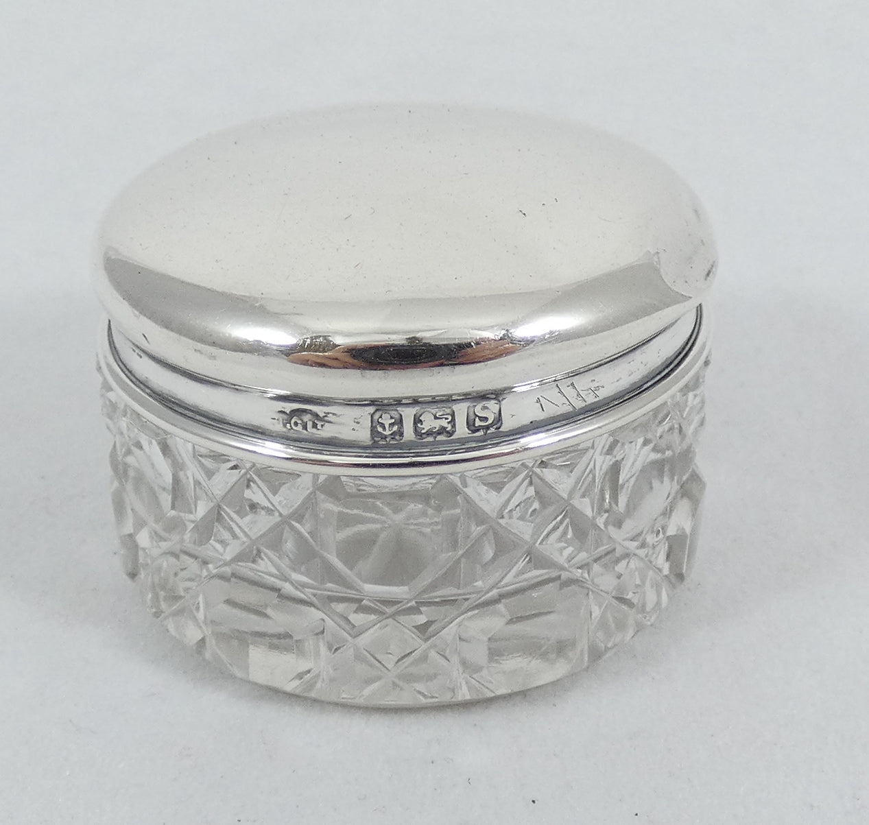 Antique Edwardian 1917 Sterling Silver Glass Rouge Pot Scent Hobnail Bottle Jar