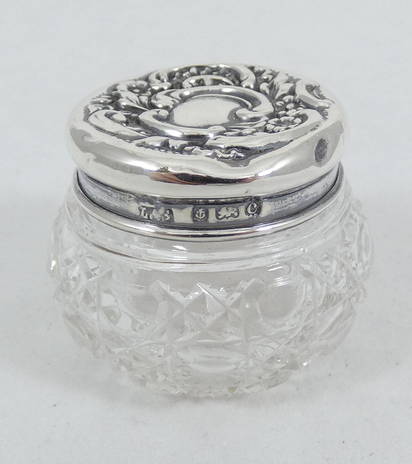 Antique Edwardian 1902 Sterling Silver Glass Rouge Pot Scent Hobnail Bottle Jar