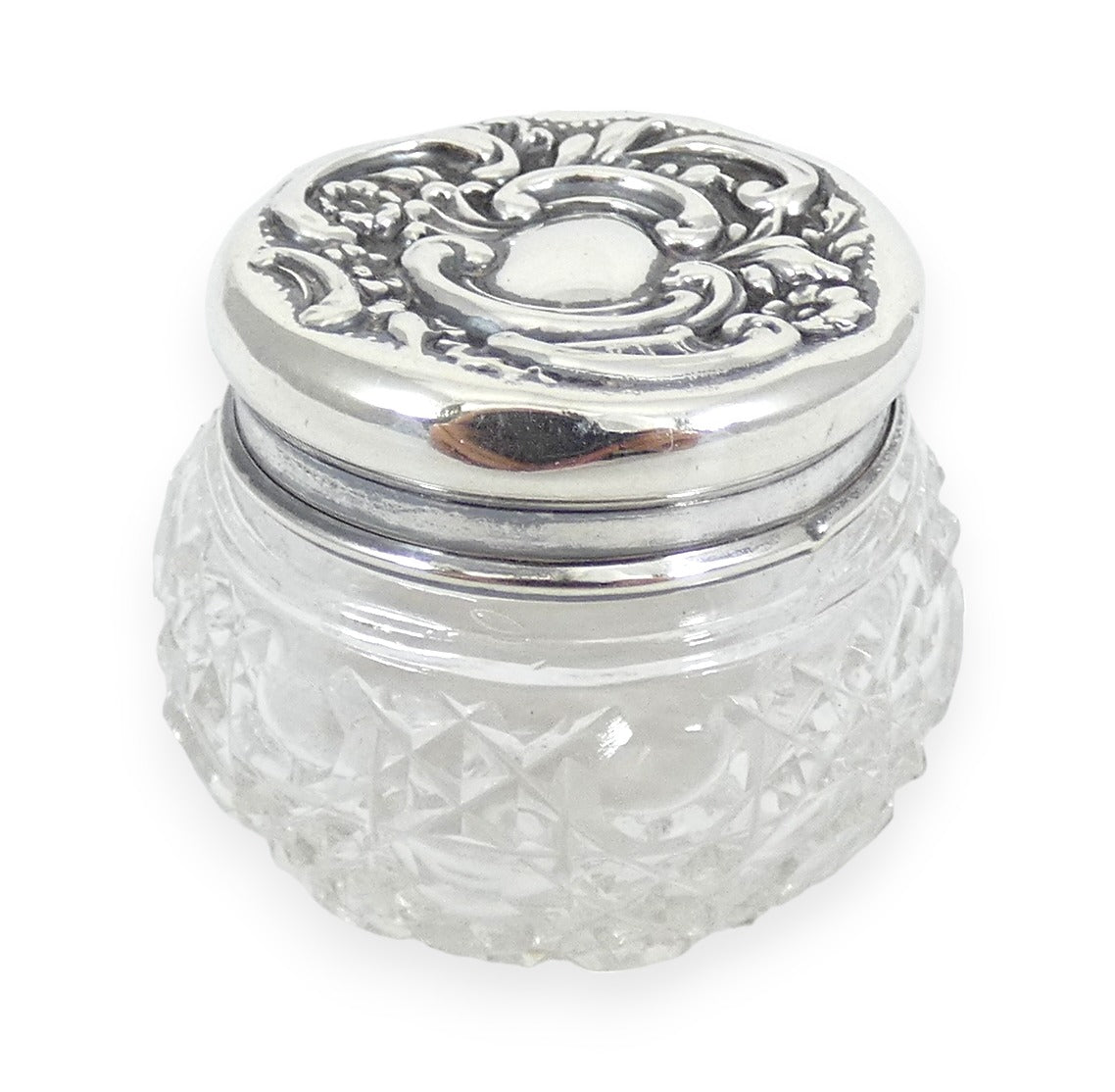 Antique Edwardian 1902 Sterling Silver Glass Rouge Pot Scent Hobnail Bottle Jar