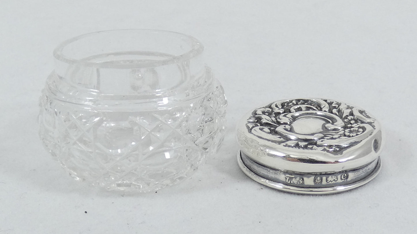 Antique Edwardian 1902 Sterling Silver Glass Rouge Pot Scent Hobnail Bottle Jar