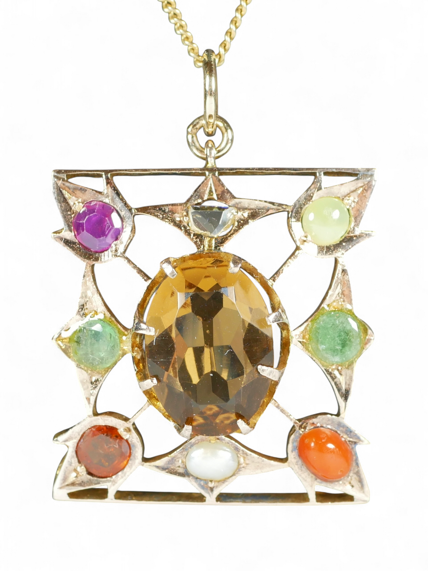 Antique Victorian Solid 9ct Yellow Gold Harlequin Gemstone Diamond Pendant