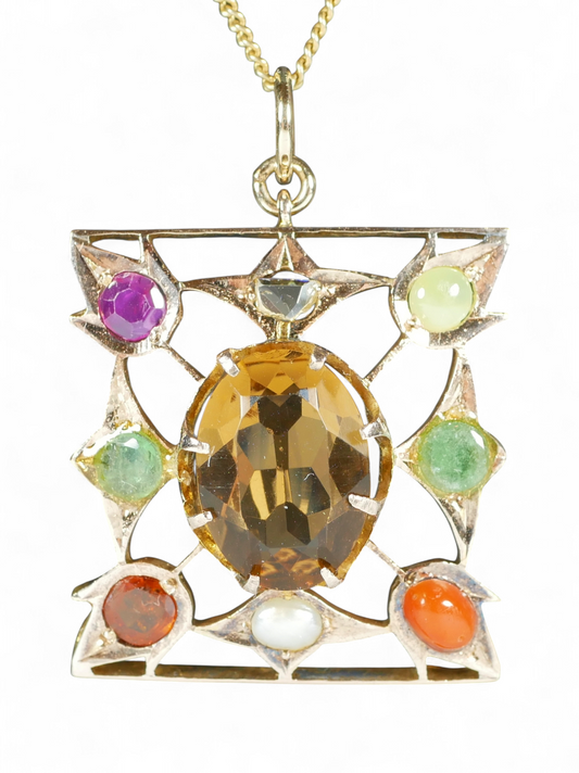 Antique Victorian Solid 9ct Yellow Gold Harlequin Gemstone Diamond Pendant