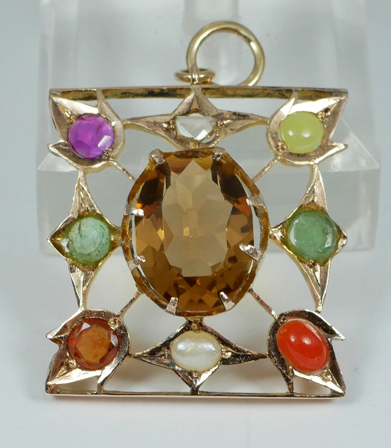 Antique Victorian Solid 9ct Yellow Gold Harlequin Gemstone Diamond Pendant