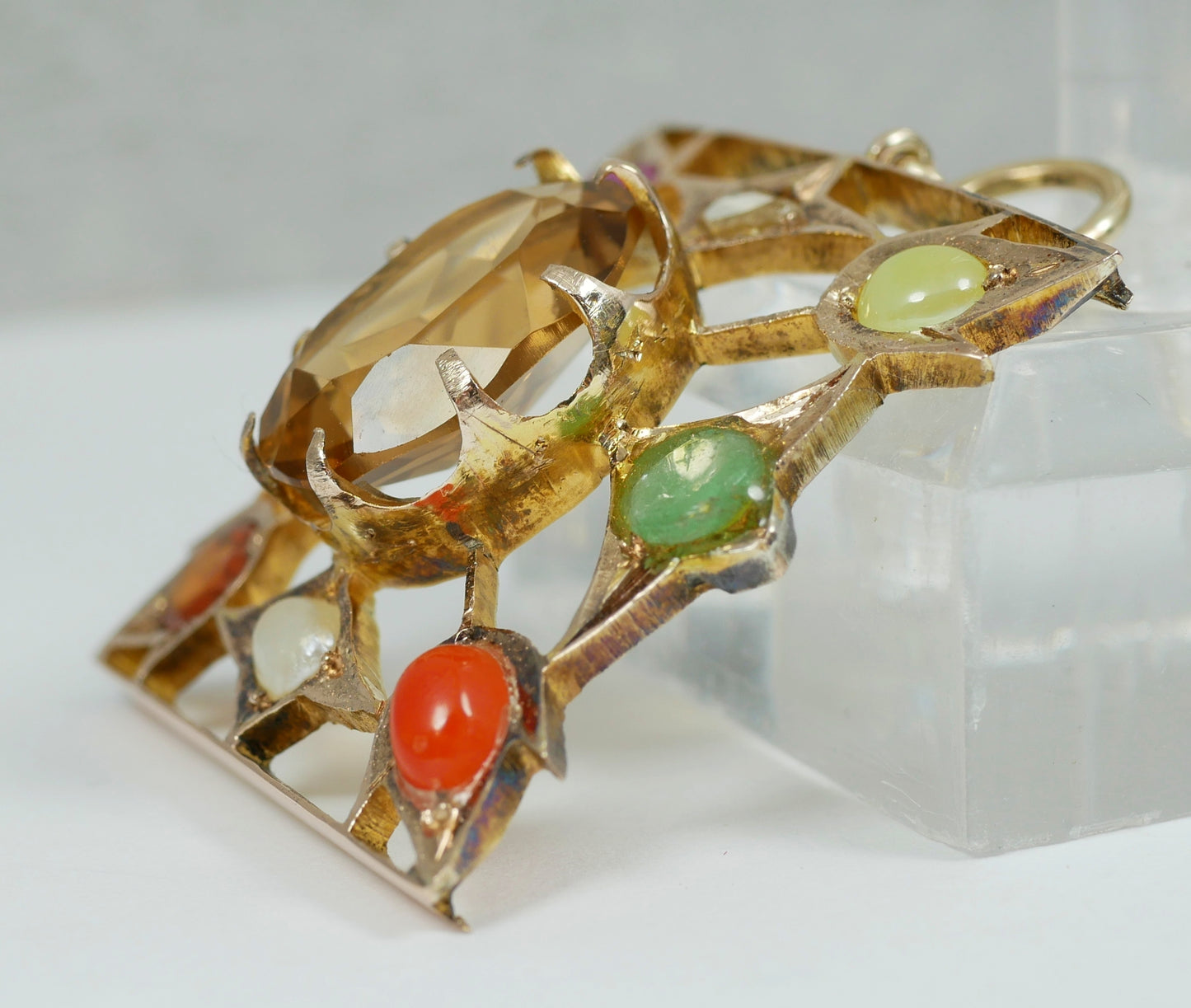 Antique Victorian Solid 9ct Yellow Gold Harlequin Gemstone Diamond Pendant