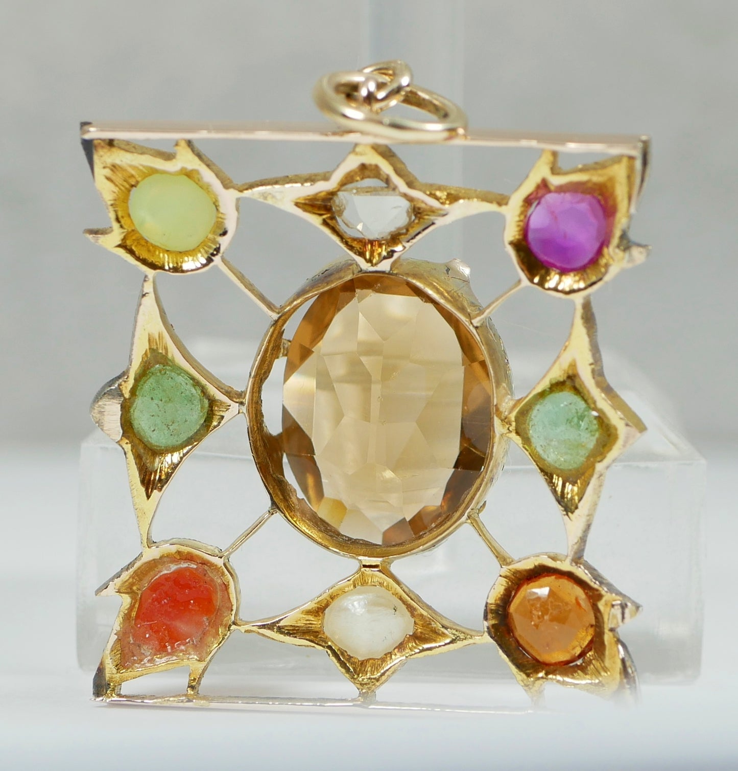 Antique Victorian Solid 9ct Yellow Gold Harlequin Gemstone Diamond Pendant