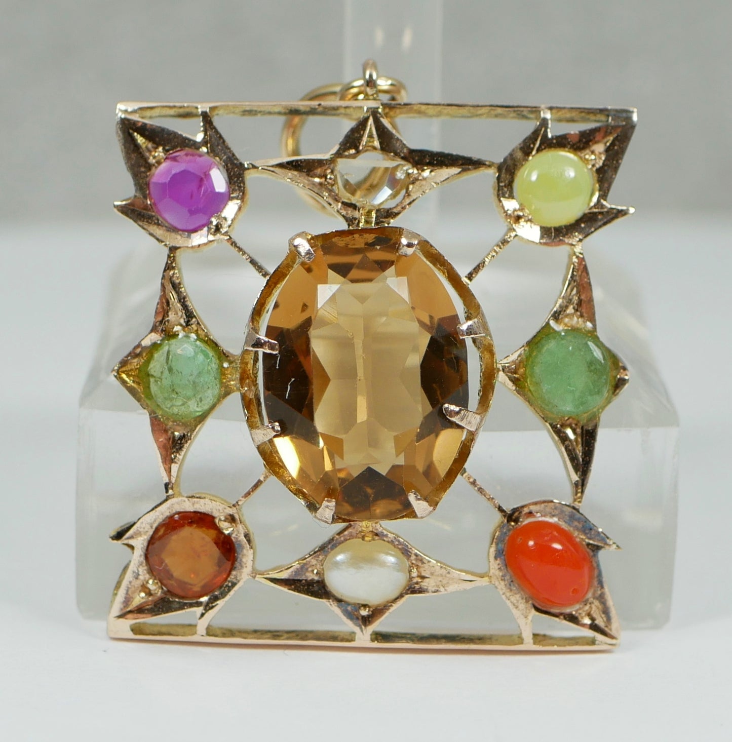 Antique Victorian Solid 9ct Yellow Gold Harlequin Gemstone Diamond Pendant