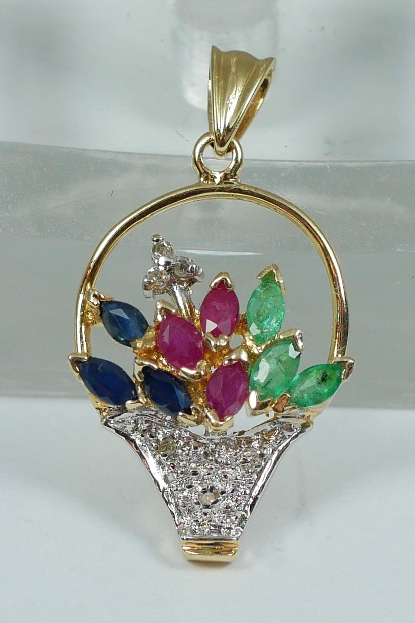 Solid 14ct Yellow Gold Sapphire Ruby Emerald Flower Basket Necklace Pendant 585