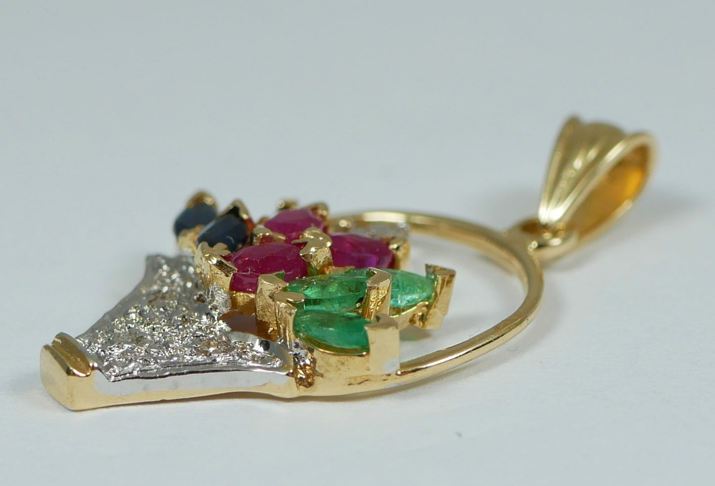 Solid 14ct Yellow Gold Sapphire Ruby Emerald Flower Basket Necklace Pendant 585