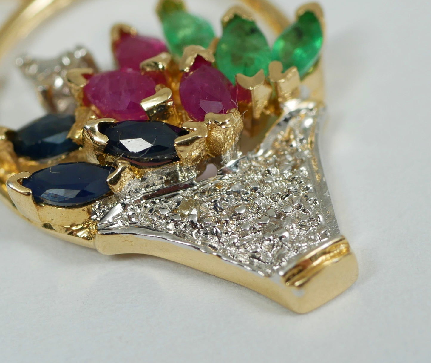 Solid 14ct Yellow Gold Sapphire Ruby Emerald Flower Basket Necklace Pendant 585