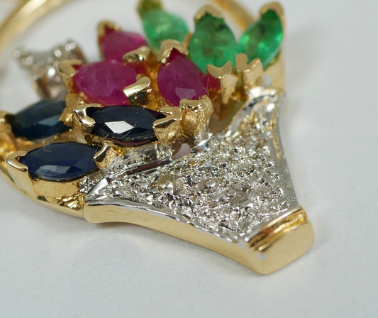 Solid 14ct Yellow Gold Sapphire Ruby Emerald Flower Basket Necklace Pendant 585