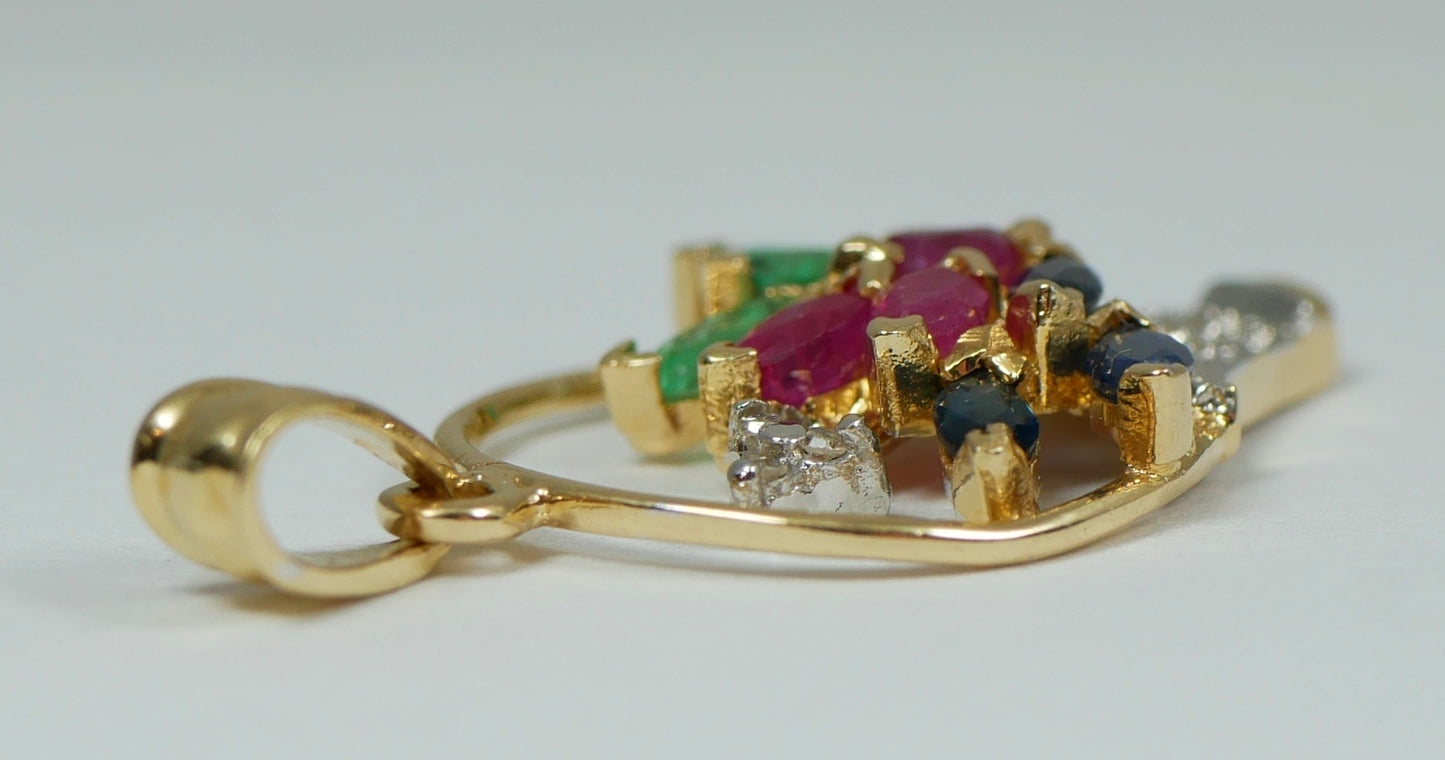 Solid 14ct Yellow Gold Sapphire Ruby Emerald Flower Basket Necklace Pendant 585