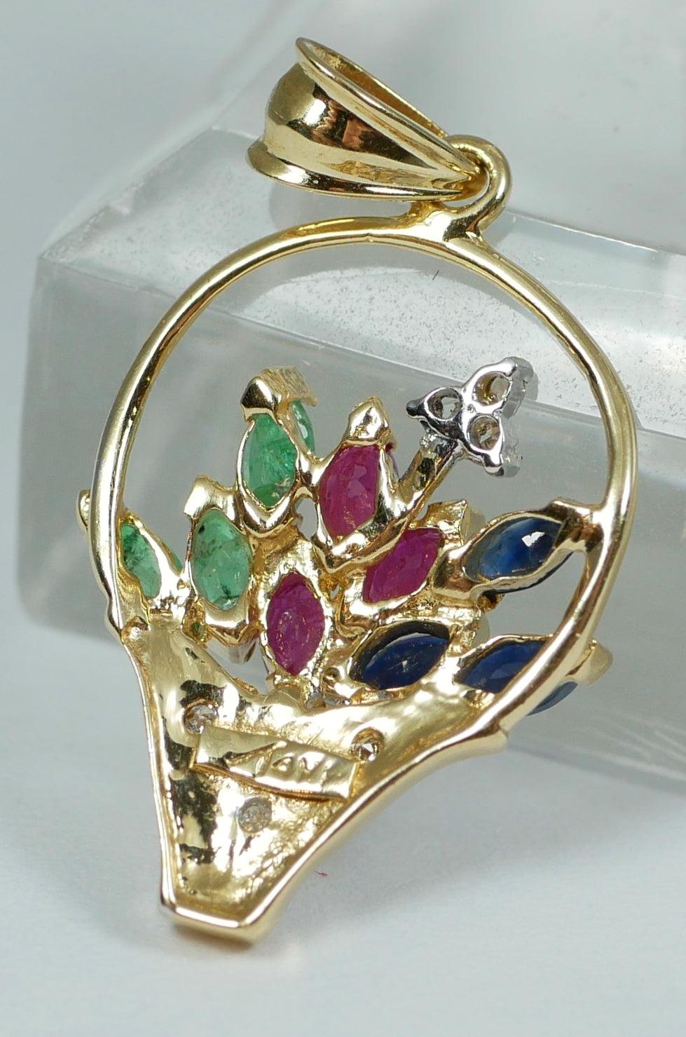 Solid 14ct Yellow Gold Sapphire Ruby Emerald Flower Basket Necklace Pendant 585