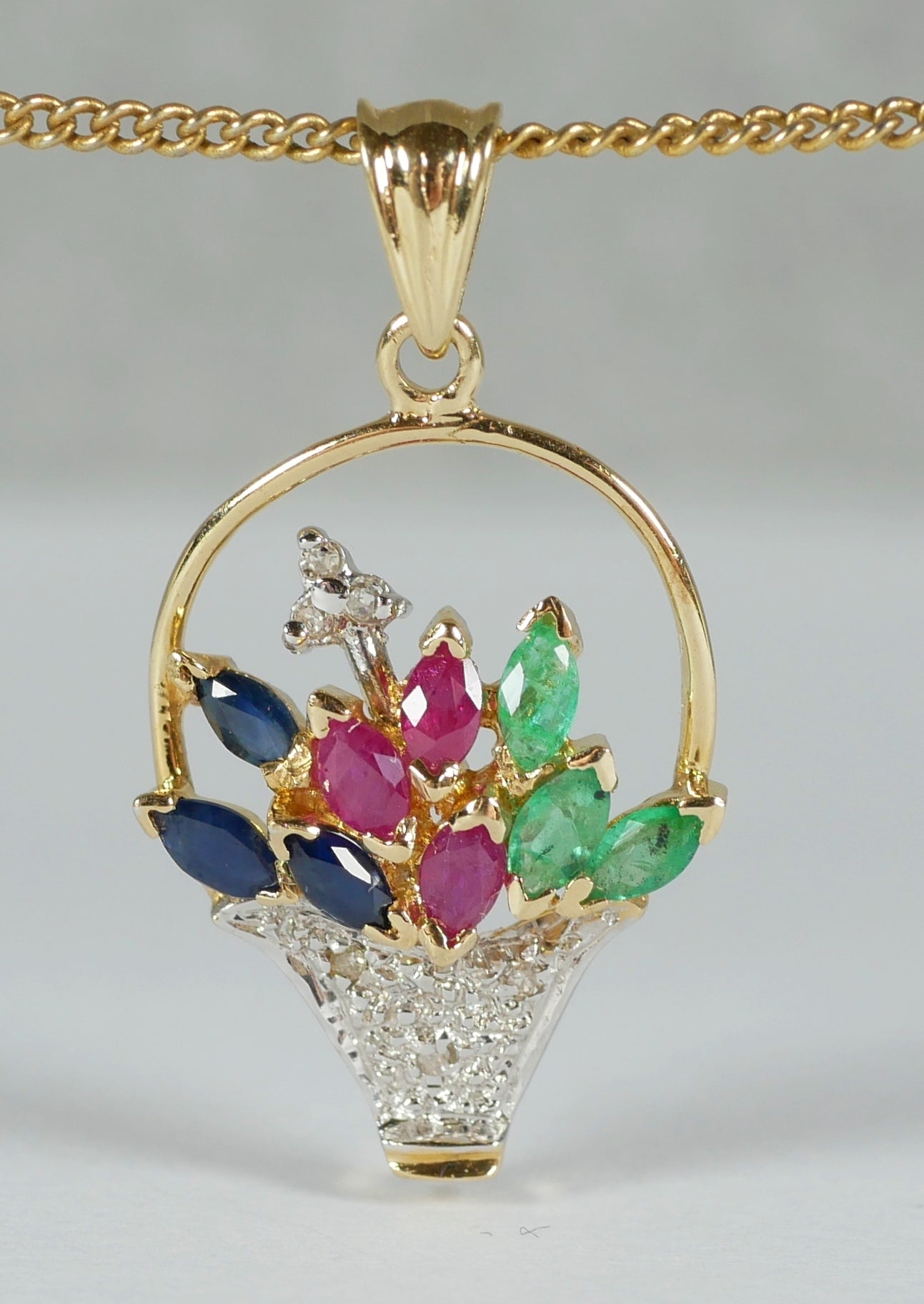 Solid 14ct Yellow Gold Sapphire Ruby Emerald Flower Basket Necklace Pendant 585