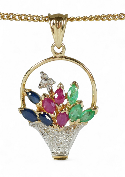 Solid 14ct Yellow Gold Sapphire Ruby Emerald Flower Basket Necklace Pendant 585