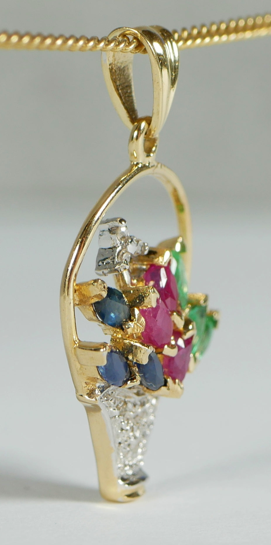 Solid 14ct Yellow Gold Sapphire Ruby Emerald Flower Basket Necklace Pendant 585