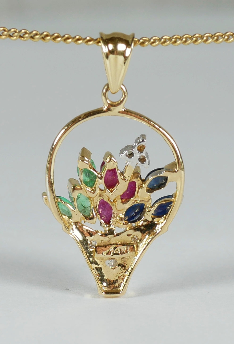 Solid 14ct Yellow Gold Sapphire Ruby Emerald Flower Basket Necklace Pendant 585