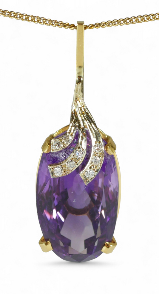 Large 47mm Solid 18ct Yellow Gold 34ct Amethyst & Diamond Necklace Pendant 12gm