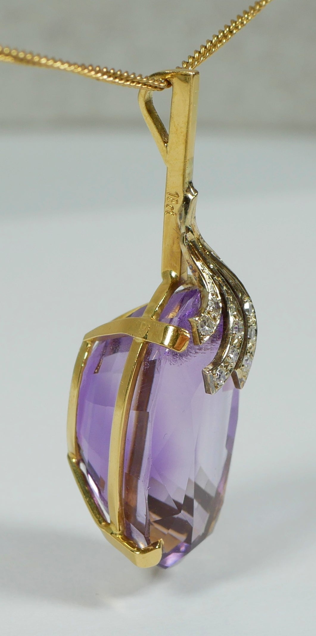 Large 47mm Solid 18ct Yellow Gold 34ct Amethyst & Diamond Necklace Pendant 12gm