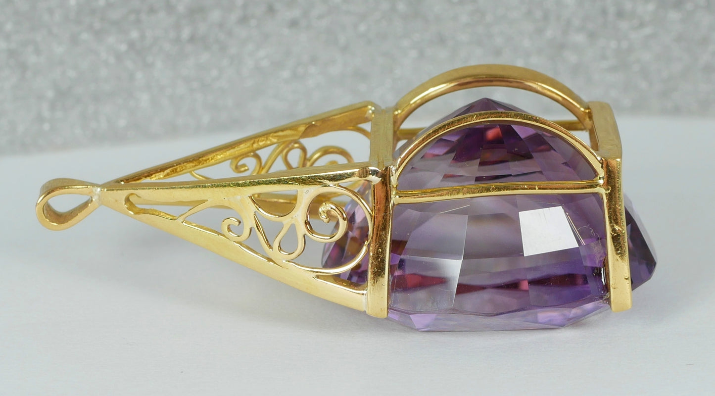 Large 54mm Solid 18ct Yellow Gold 64.85ct Oval Amethyst Necklace Pendant 22gm